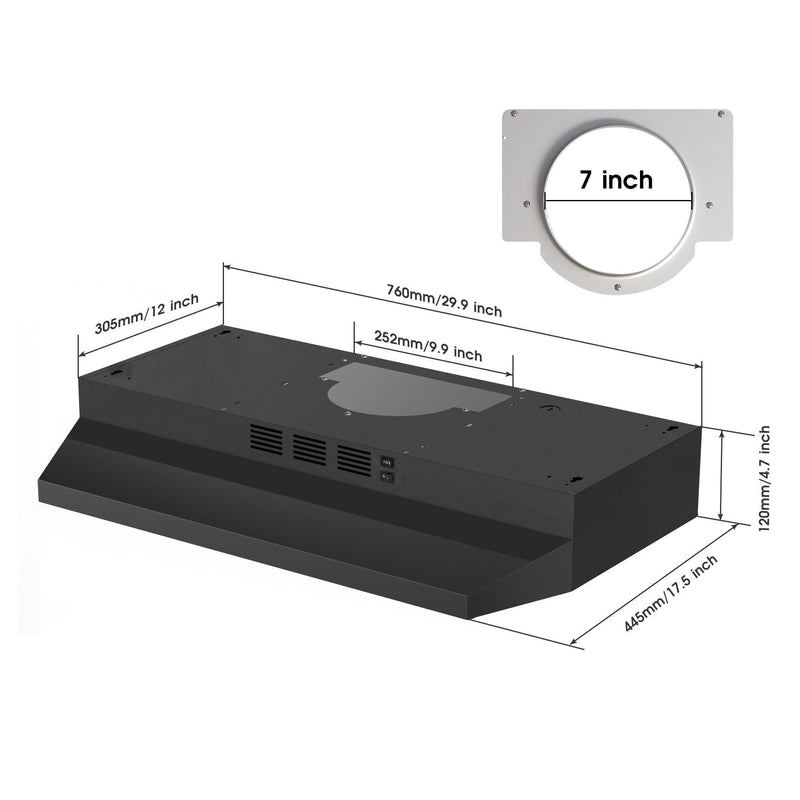 Tieasy 30 inch Under Cabinet Range Hood, Ducted/Ductless Convertible Kitchen Hood - ‎GF3976WH/BK