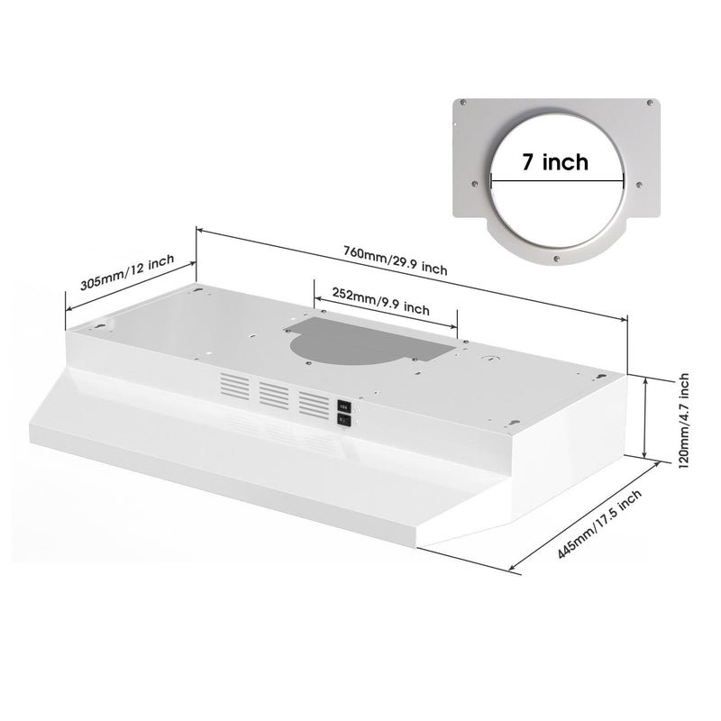 Tieasy 30 inch Under Cabinet Range Hood, Ducted/Ductless Convertible Kitchen Hood - ‎GF3976WH/BK