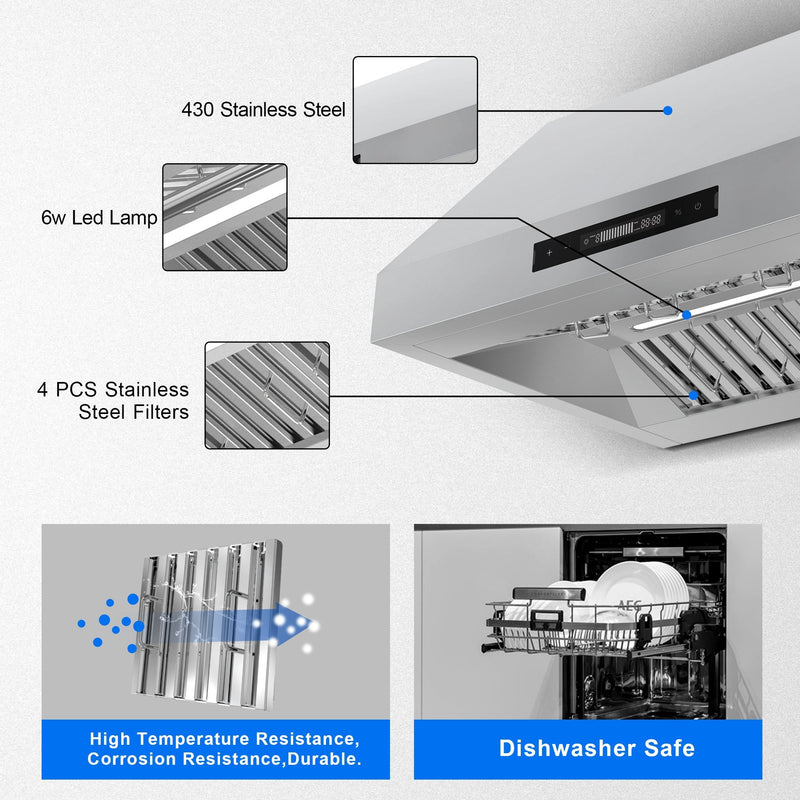 USQR 4075 - 30 inch - 900 CFM Under Cabinet Range Hood with handwave sensor and touch buttons